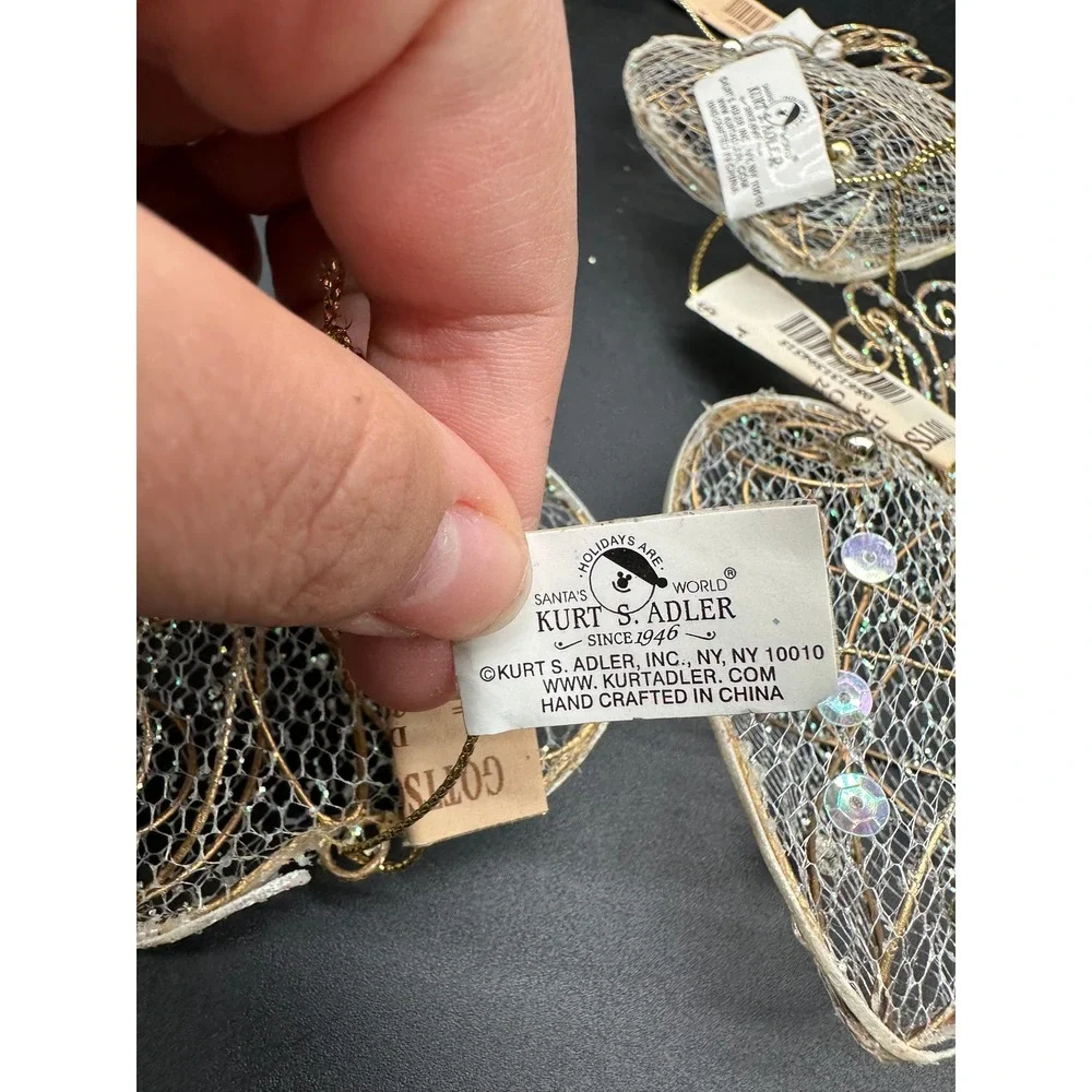 Vintage Gold Wire Mesh Heart Christmas Ornaments Kurt Adler Sequin NEW With Tags